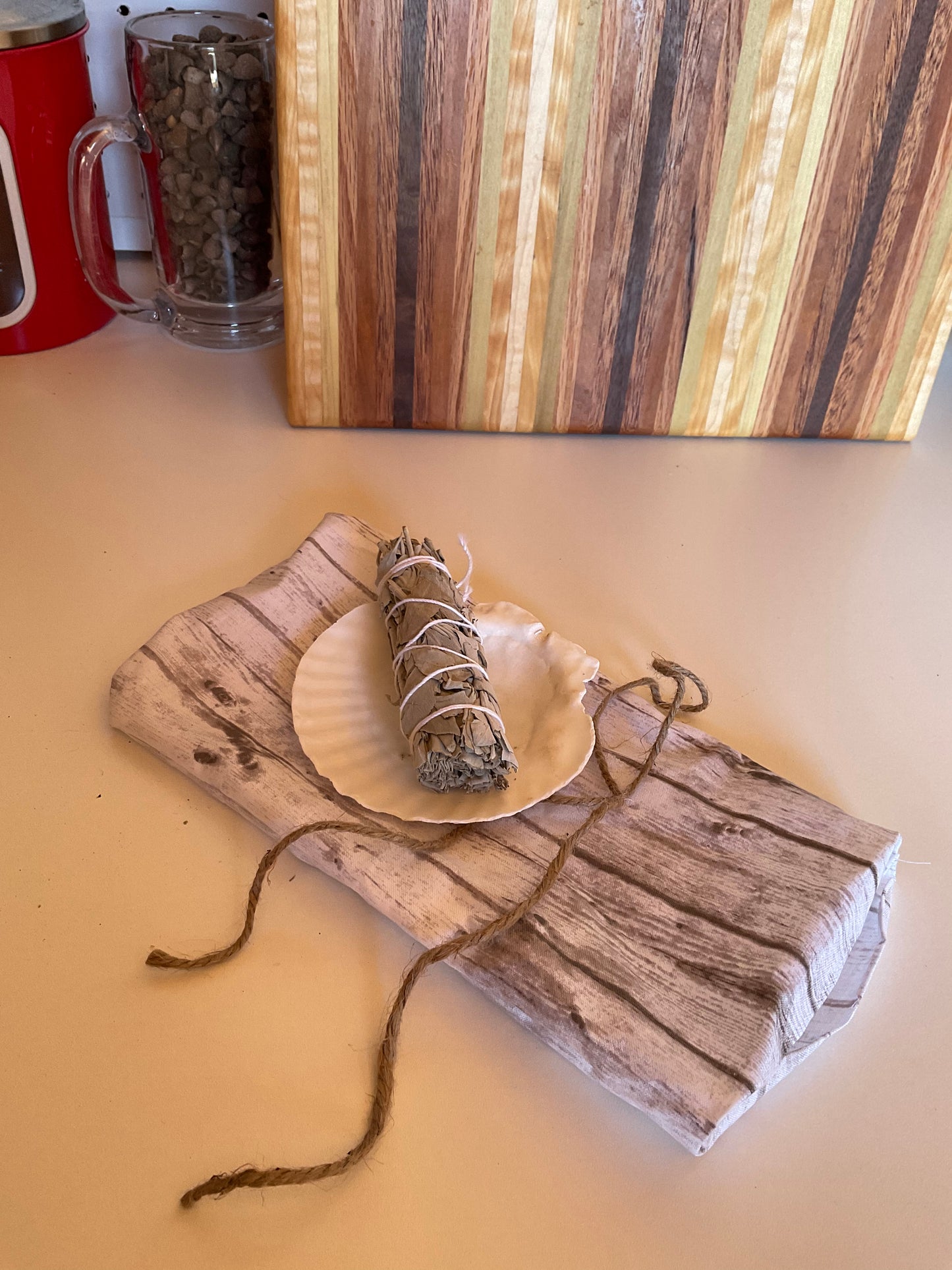 sage, calm shell, handmade sewn bag