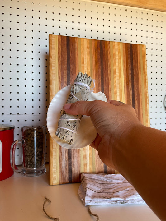 sage, calm shell, handmade sewn bag