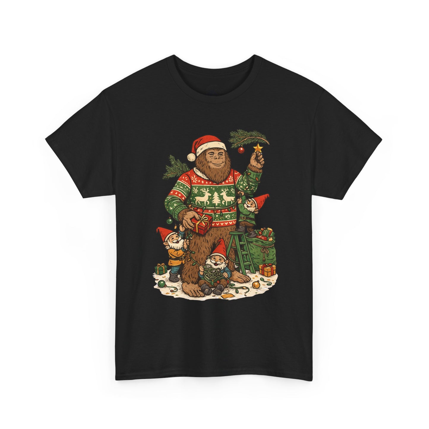 Bigfoot and Gnome Christmas Tee – Festive Forest Fun