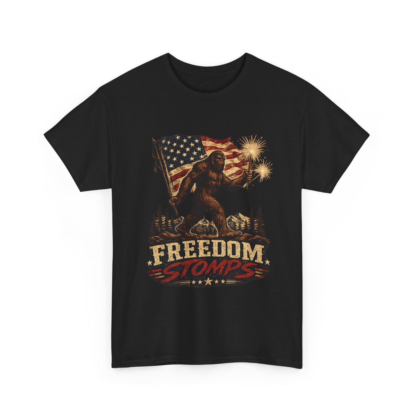 Freedom Stomps Tee – Patriotic Bigfoot Independence Day Shirt