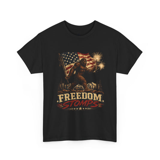Freedom Stomps Tee – Patriotic Bigfoot Independence Day Shirt