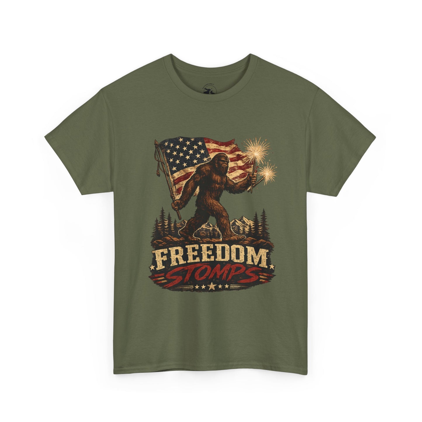 Freedom Stomps Tee – Patriotic Bigfoot Independence Day Shirt