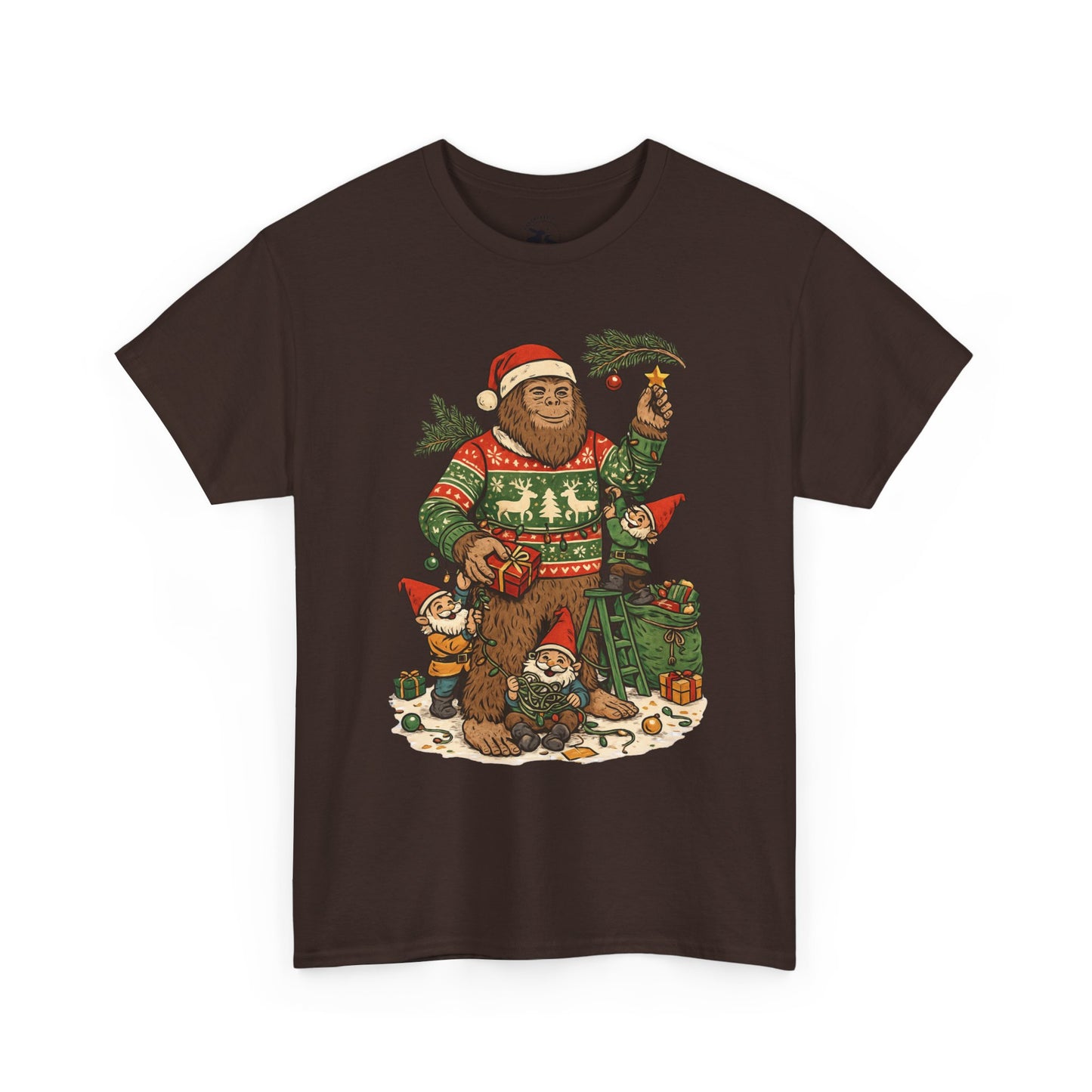 Bigfoot and Gnome Christmas Tee – Festive Forest Fun