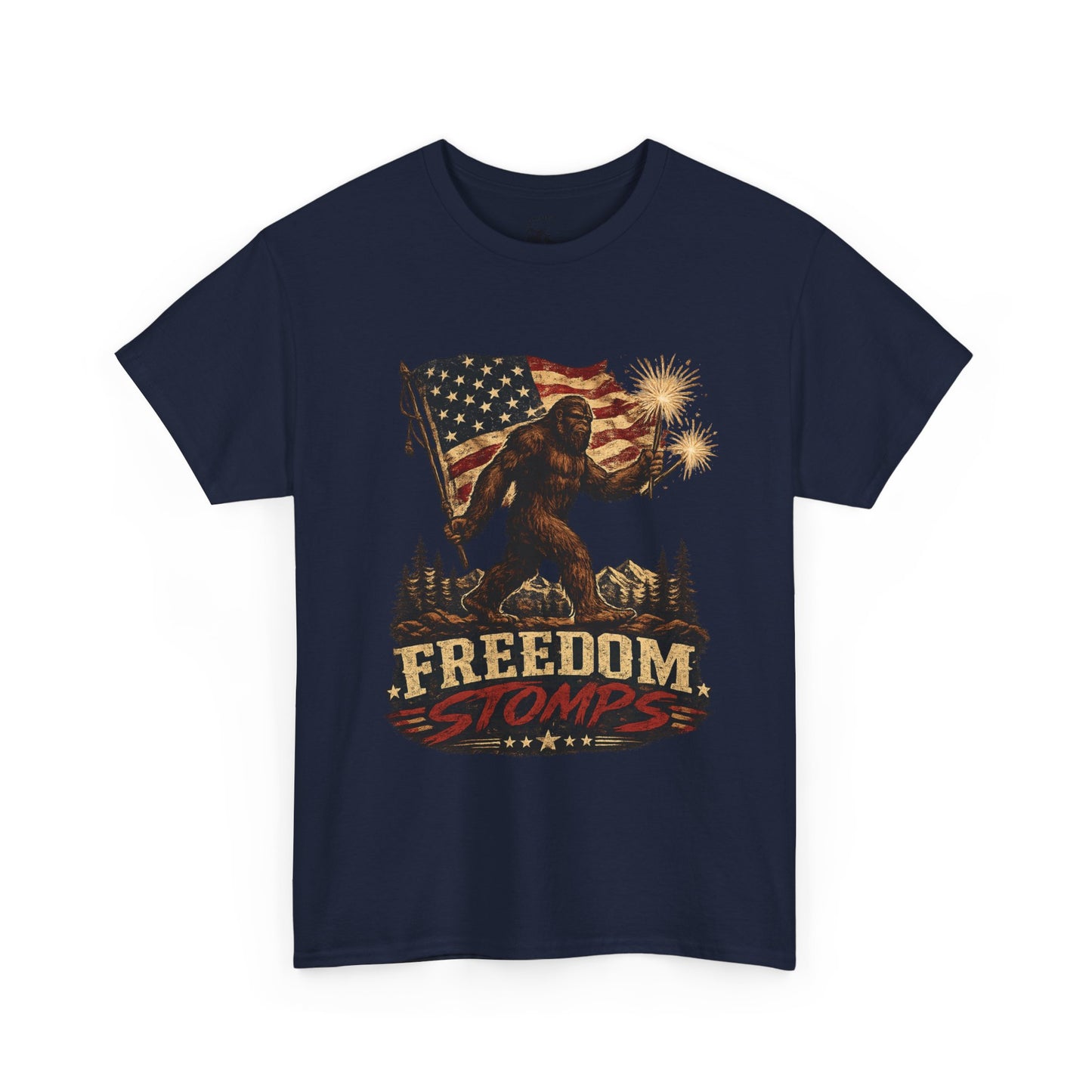 Freedom Stomps Tee – Patriotic Bigfoot Independence Day Shirt